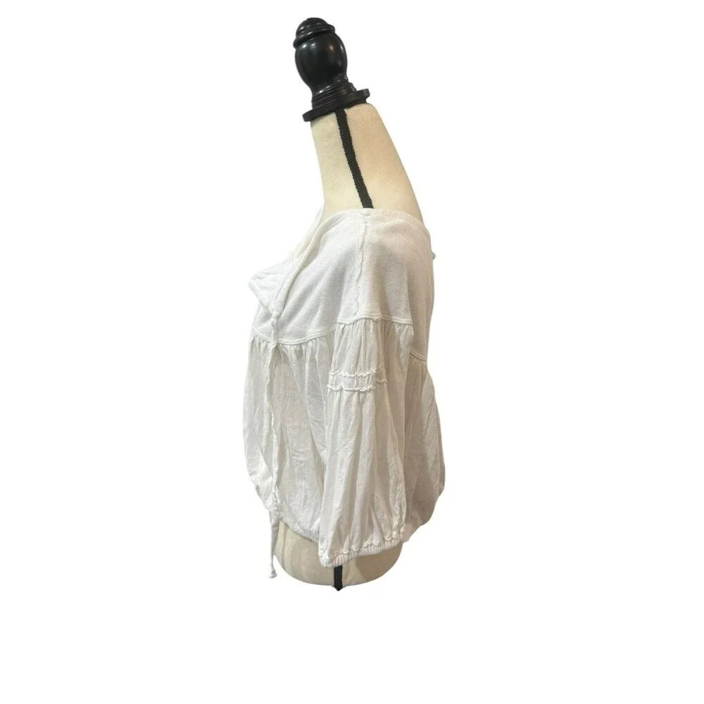 Free People No Good Alone Tee Top Optic White Puff Sleeve V-Neck Size L NWT